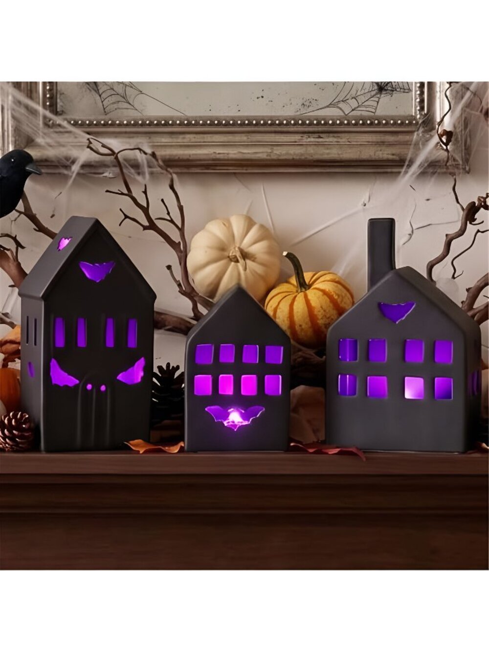 Ceramic Haunted House Lights with Timer, Purple LED Houses for Halloween